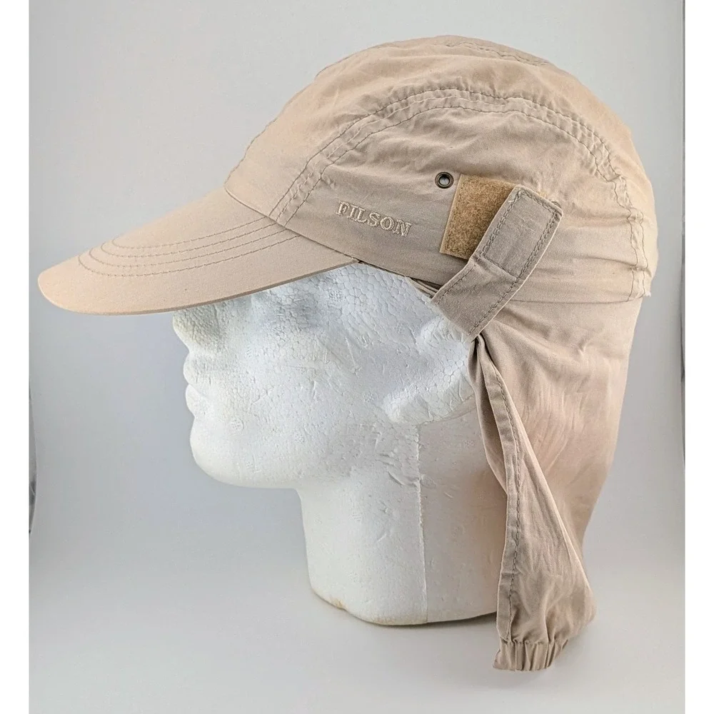 Vintage Filson Fishing Long Brim Hat Cap Made In USA Safari Sun Flap Beige